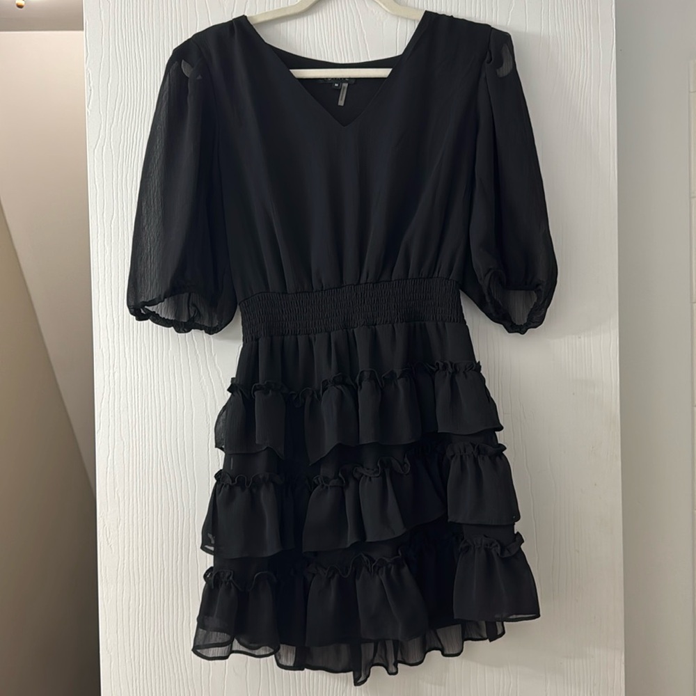 Black Elbow Sheer Sleeved Ruffle Dress
